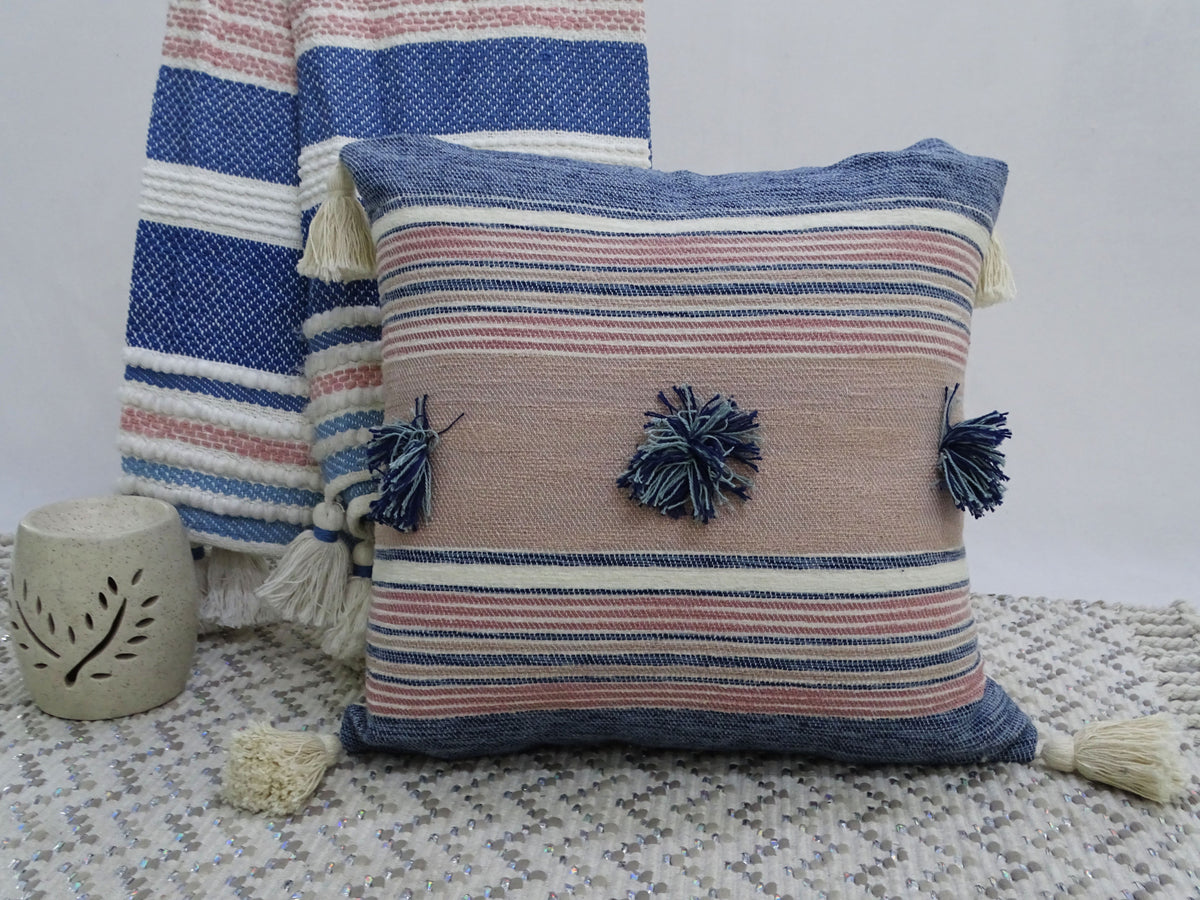 Vibhsa Blue & Pink Striped Throw Pillow 20x20 with Pom-Poms and Tassels