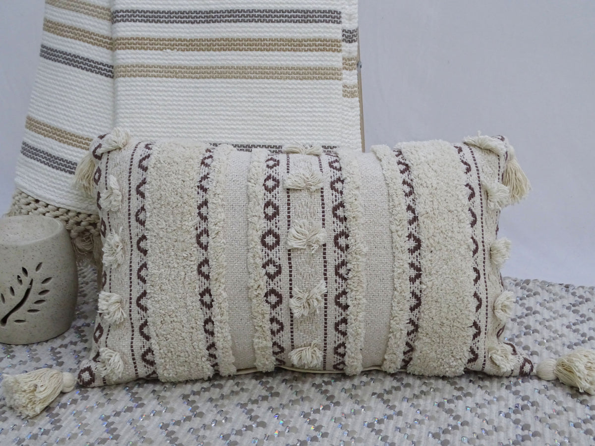 Vibhsa Ivory & Black Handwoven Lumbar Pillow 14x24 with Fringes