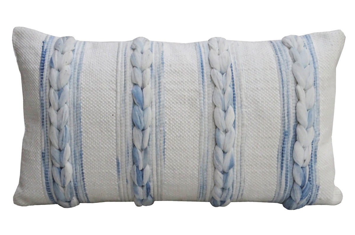 Vibhsa Blue & Ivory Handwoven Lumbar Pillow 14x24, Printed and Embroidered