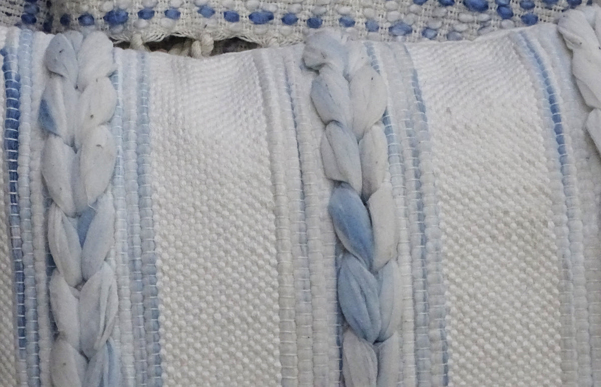 Vibhsa Blue & Ivory Handwoven Lumbar Pillow 14x24, Printed and Embroidered