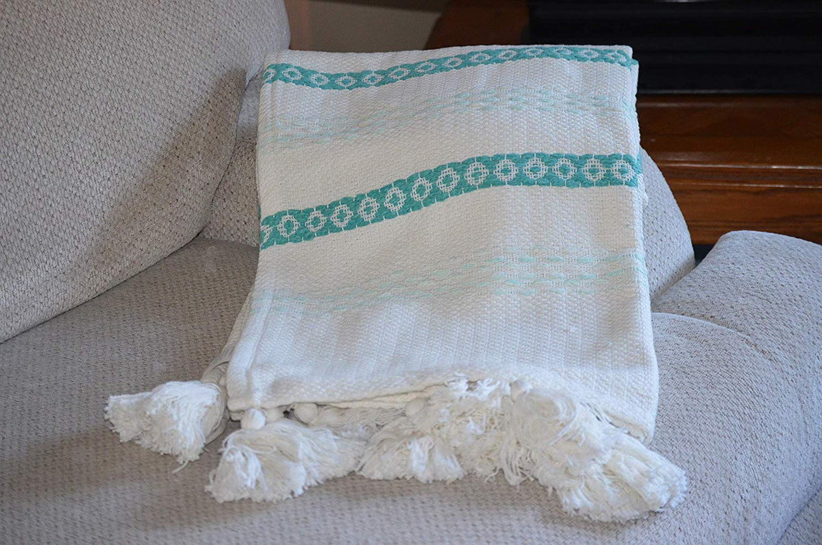 Hand loom Woven Throw Turquoise & White