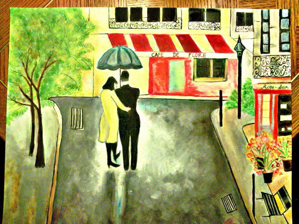 A Rain Walk Oil Color Painting