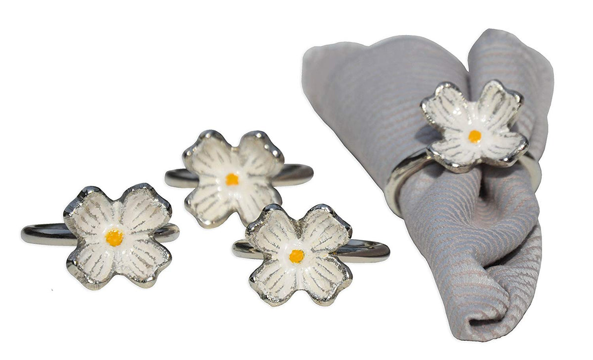 Vibhsa Silver Floral Napkin Rings | Set of 4, Handcrafted Aluminum