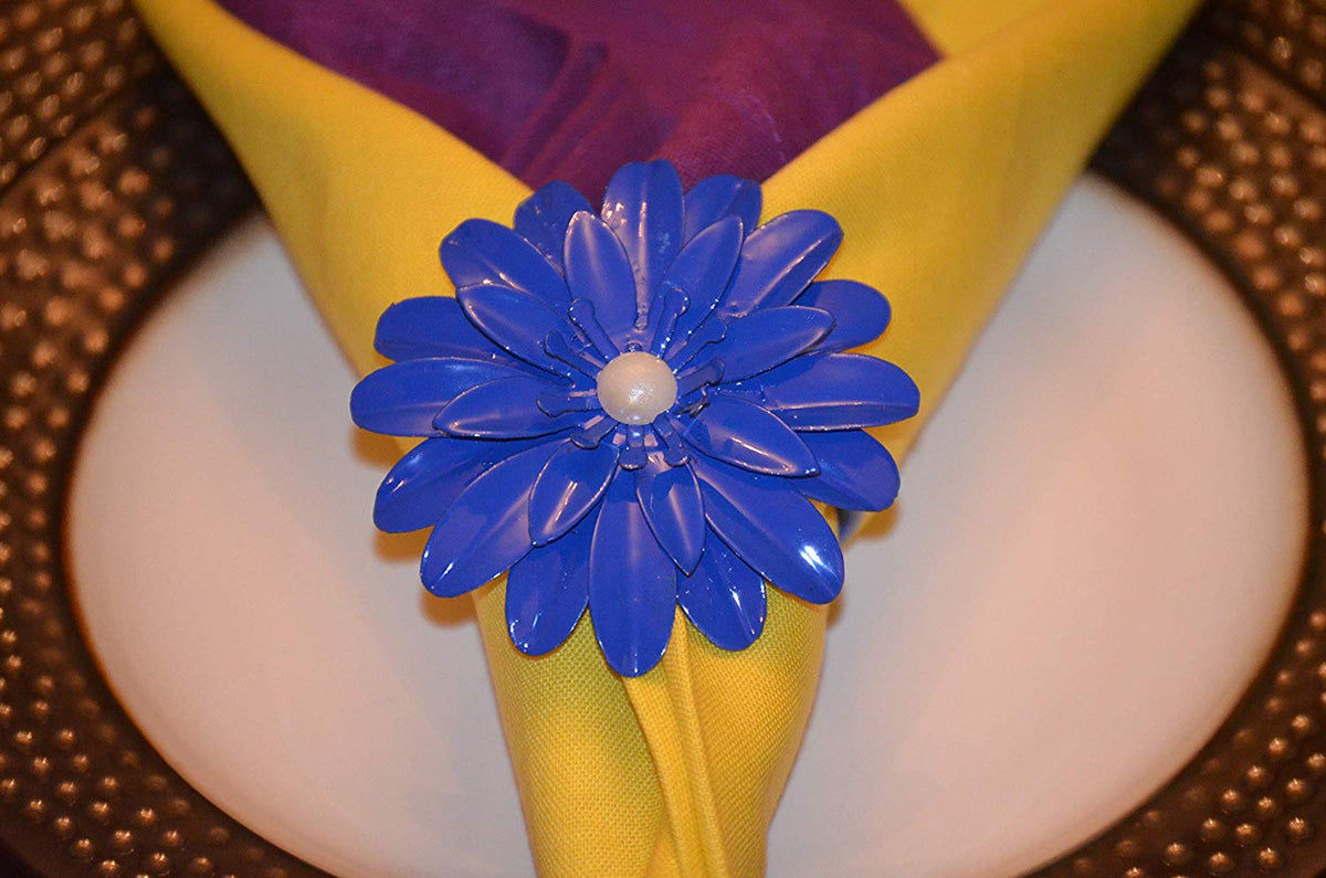 Vibhsa Blue Floral Napkin Rings | Set of 4, Pearl Accents, Handcrafted