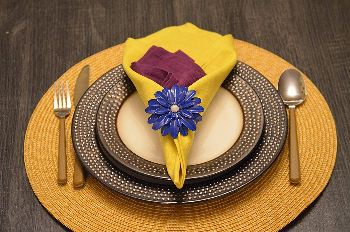 Vibhsa Blue Floral Napkin Rings | Set of 4, Pearl Accents, Handcrafted