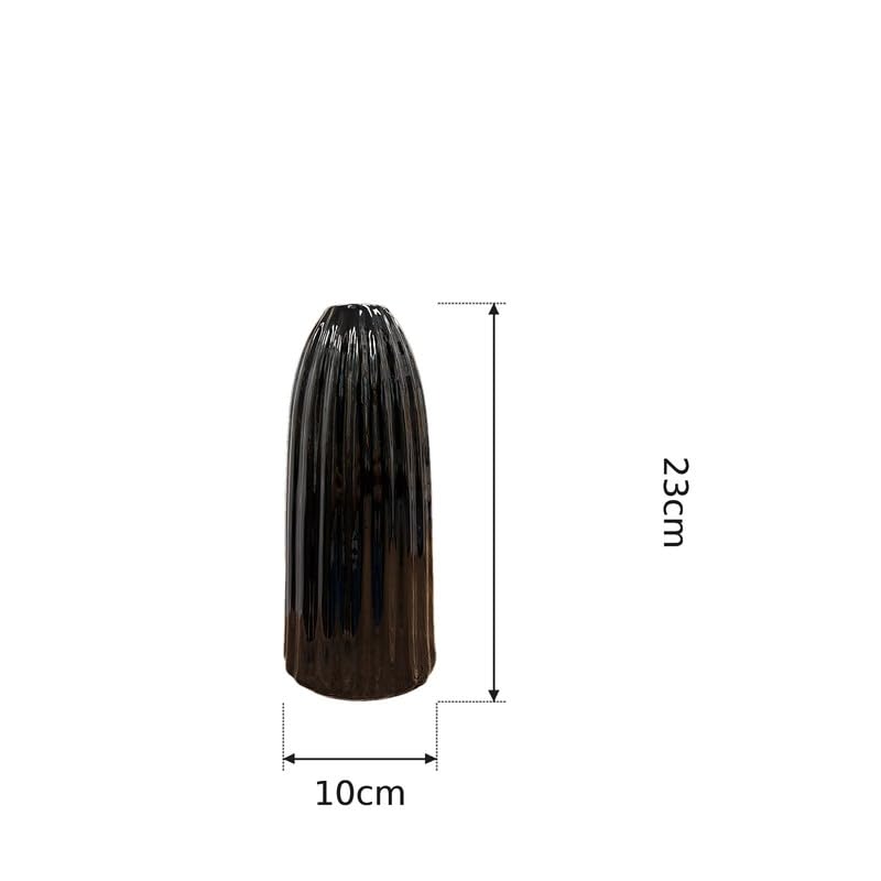 Vibhsa Modern Ribbed Ceramic Flower Vase, Glossy Black