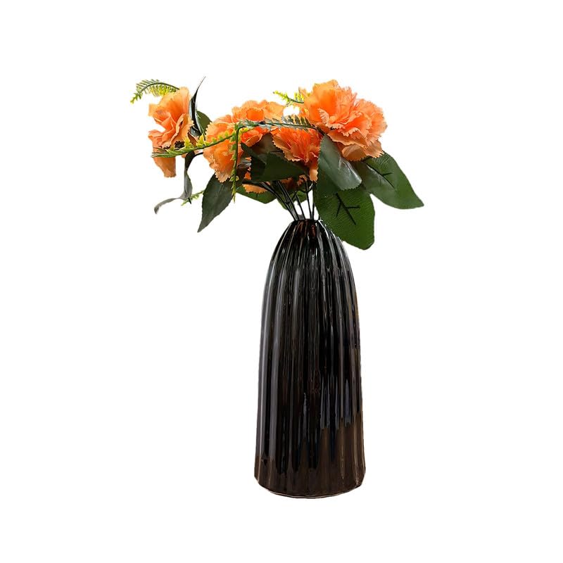 Vibhsa Modern Ribbed Ceramic Flower Vase, Glossy Black