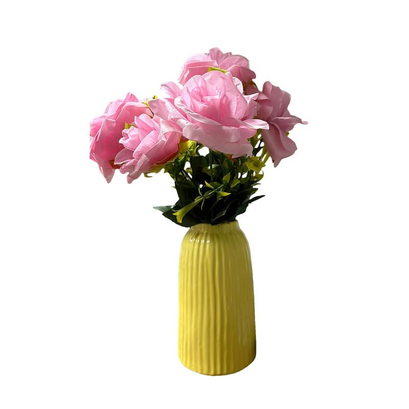 Vibhsa Yellow Ribbed Ceramic Flower Vase