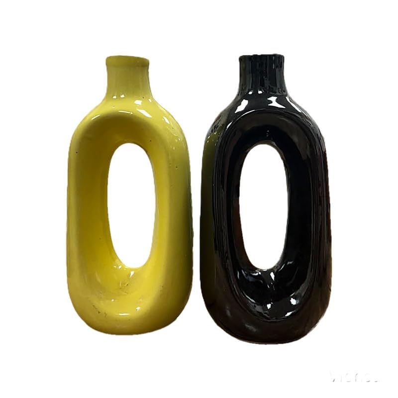 Vibhsa Modern Ceramic Hollow Vase Set of 2 – Yellow & Black