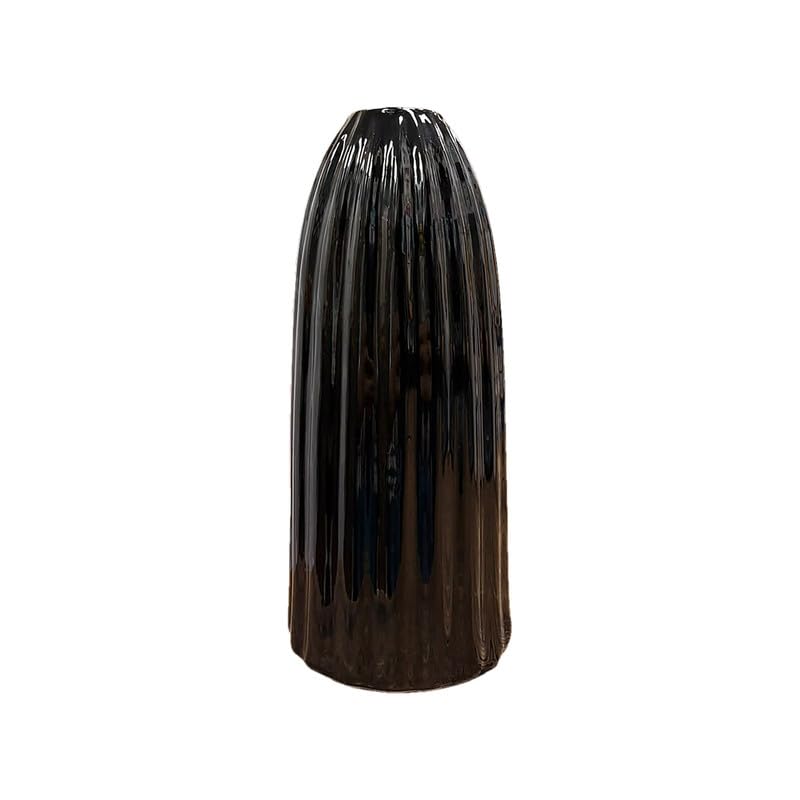 Vibhsa Modern Ribbed Ceramic Flower Vase, Glossy Black