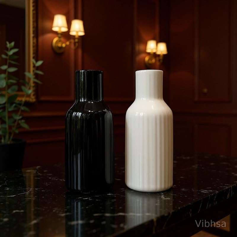 Vibhsa Ribbed Ceramic Vase Set of 2 – Black & White