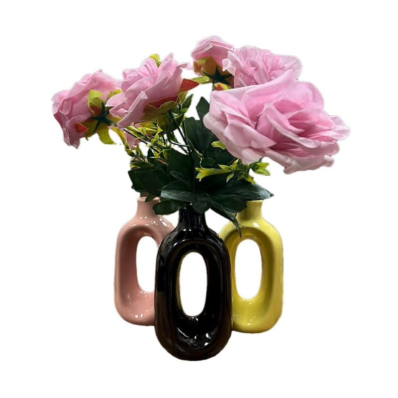 Vibhsa Modern Ceramic Hollow Vase Set of 3 – Black, Pink & Yellow