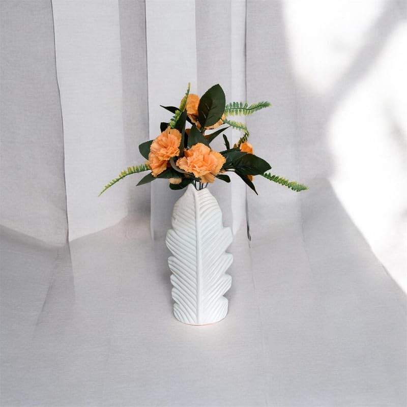 Vibhsa White Ceramic Leaf Design Flower Vase with Artificial Peach Flowers