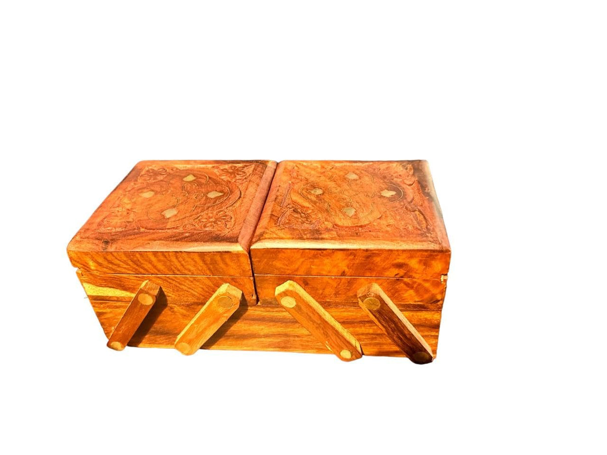Vibhsa Hand-Carved Wooden Jewelry Box with Brass Inlay