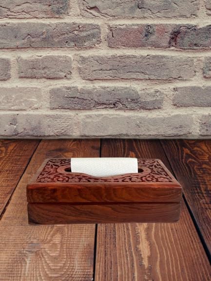 Vibhsa Wooden Tissue Box Holder with Brass Carving