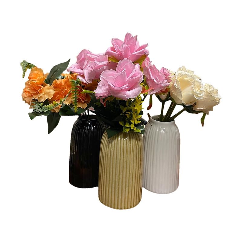 Vibhsa Ceramic Flower Vase Set of 3 for Home Decor, Modern Ribbed Decorative Vases