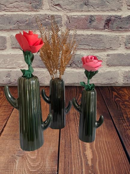 Vibhsa Set of 3 Ceramic Cactus Design Vase [Green]