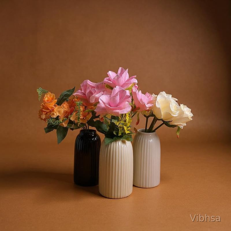 Vibhsa Ceramic Flower Vase Set of 3 for Home Decor, Modern Ribbed Decorative Vases