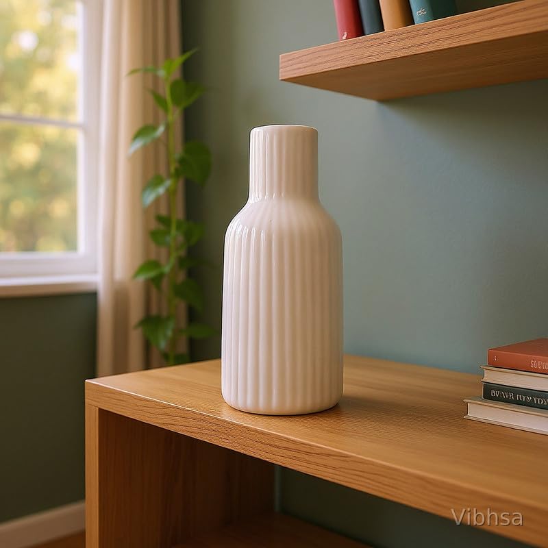 Vibhsa White Ribbed Ceramic Flower Vase