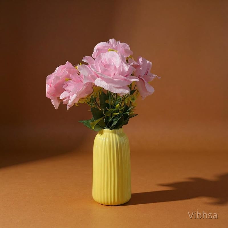 Vibhsa Yellow Ribbed Ceramic Flower Vase