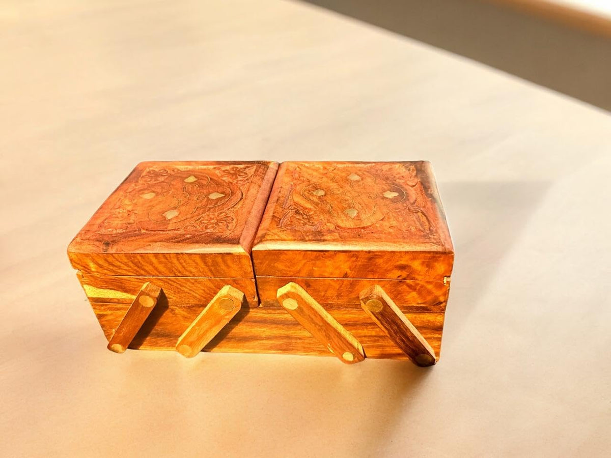 Vibhsa Hand-Carved Wooden Jewelry Box with Brass Inlay
