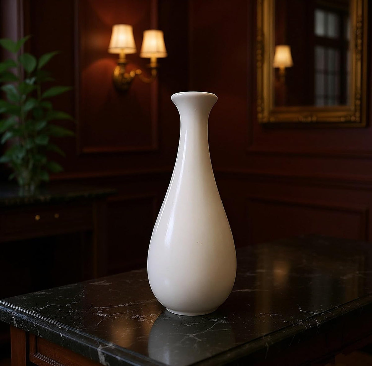 Vibhsa White Ceramic Vase, Tall Narrow Neck, Glossy Finish