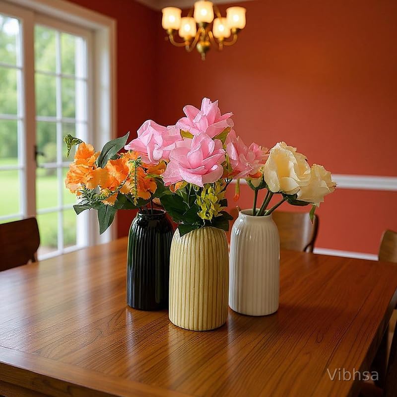 Vibhsa Ceramic Flower Vase Set of 3 for Home Decor, Modern Ribbed Decorative Vases