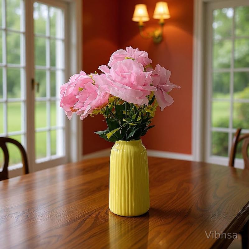 Vibhsa Yellow Ribbed Ceramic Flower Vase