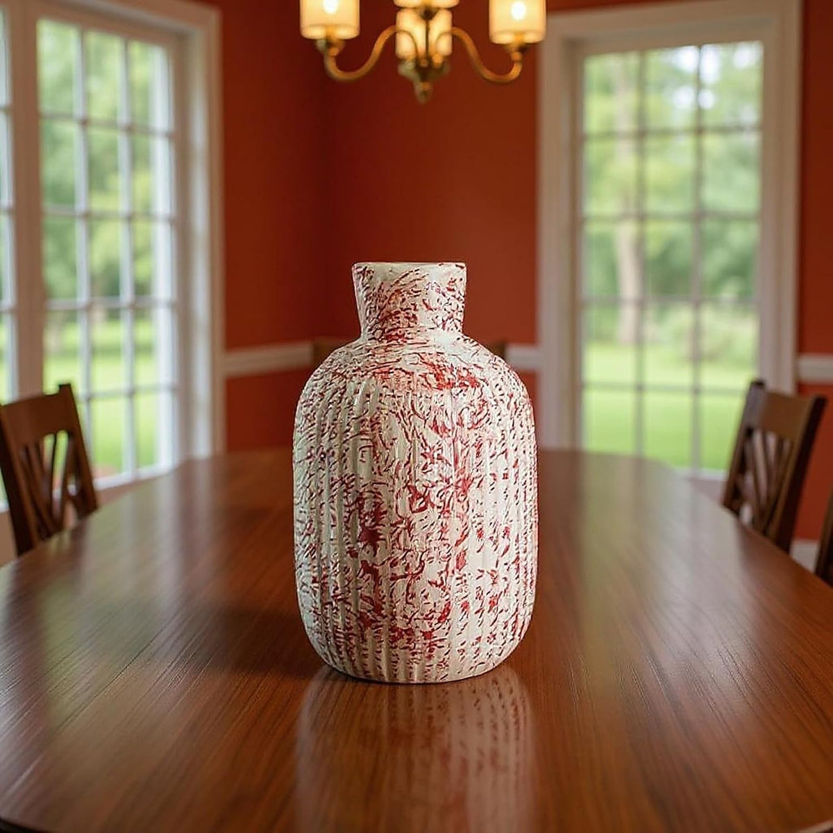Vibhsa Red & White Ribbed Ceramic Vase