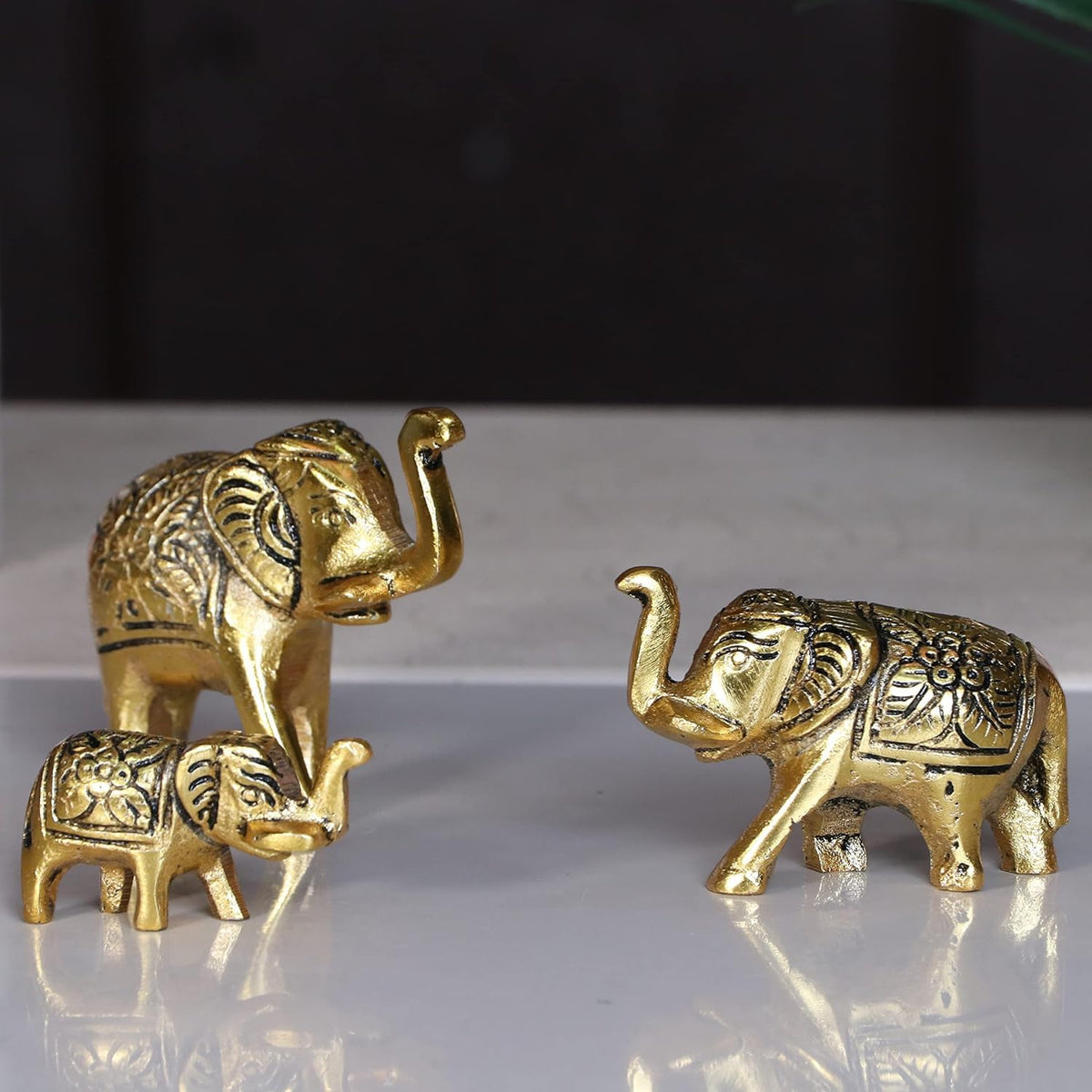 Vibhsa Metal Trunk-Up Elephant Family – Set of 3, Feng Shui Décor