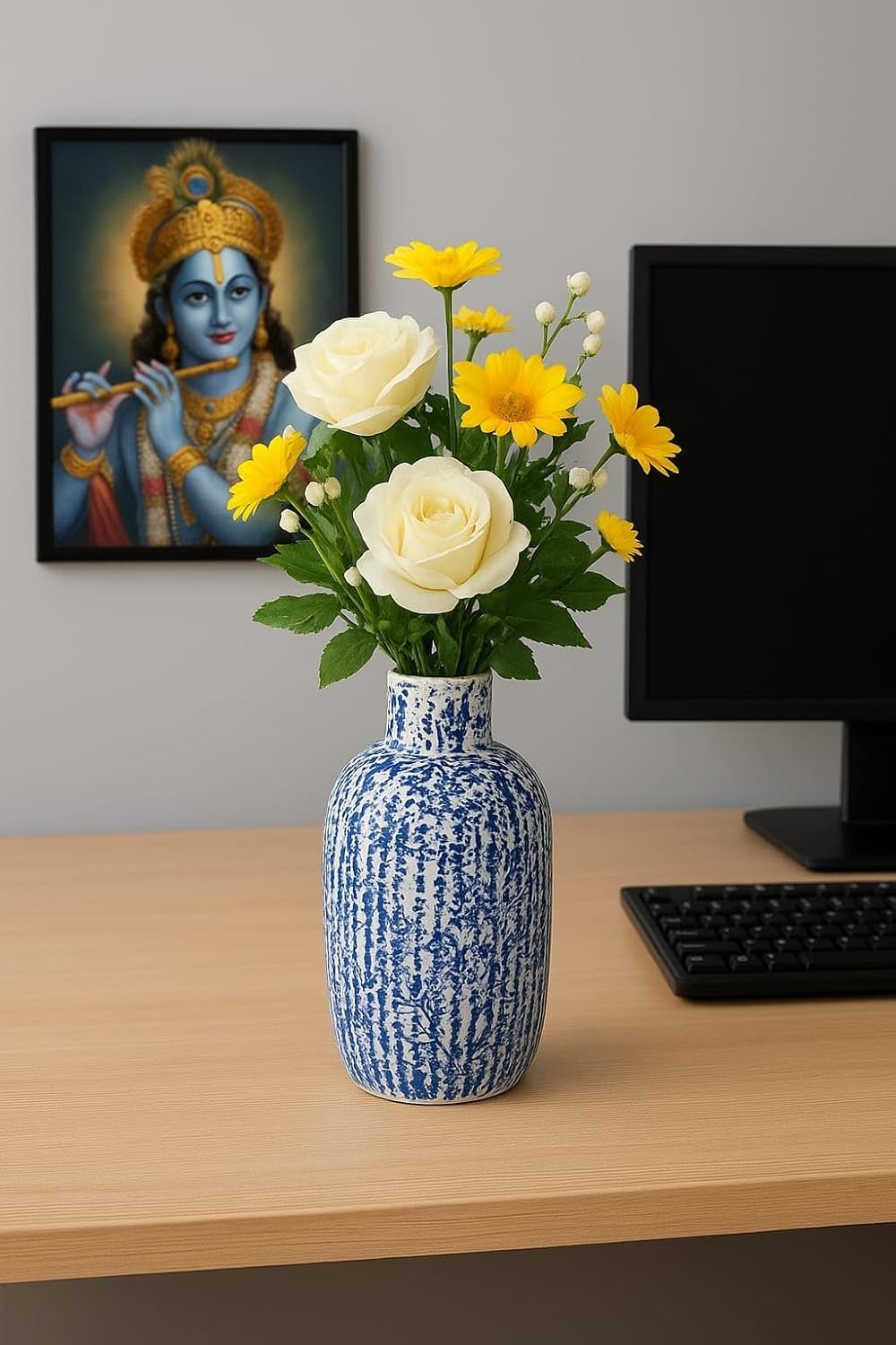 Vibhsa Decorative Flower Vase for Home Décor, Blue and White Ceramic