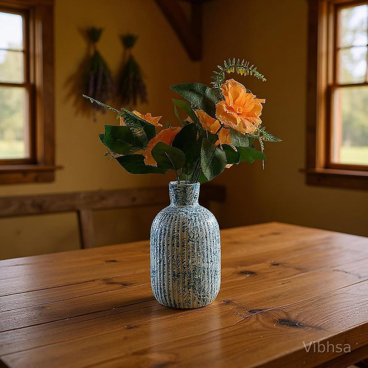 Vibhsa Blue & White Ribbed Ceramic Vase