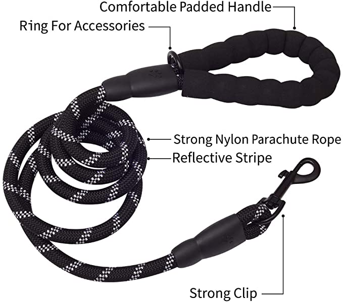 Fido N Feline 6 ft Padded Rope Dog Leash for Medium and Large Dogs - Black