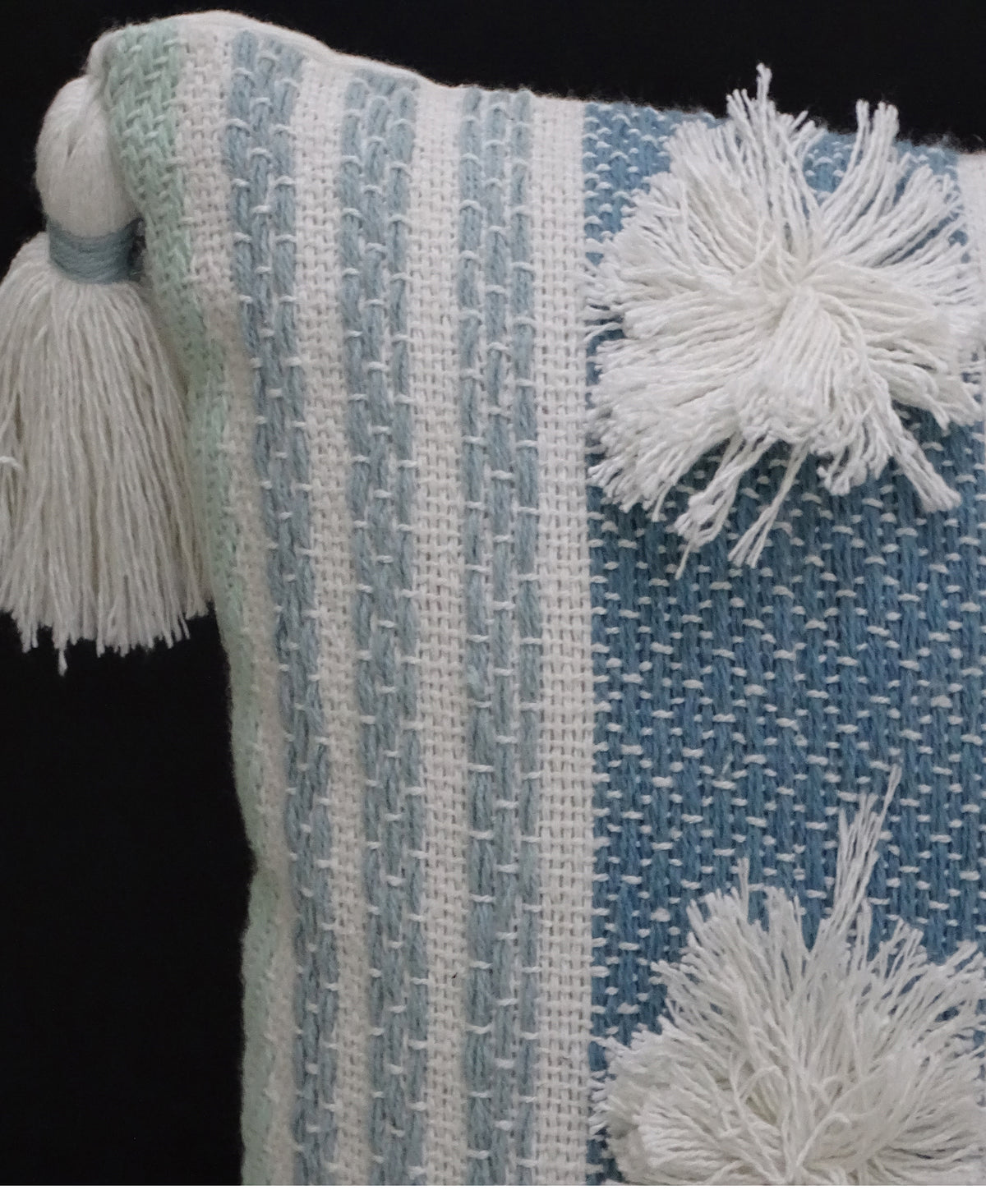 Vibhsa Blue Striped Accent Pillow 14x20 with Large Poms and Tassels