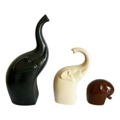 Decorative Elephant Ceramic Figurines set of 3 Black Brown and Off White