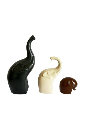 Decorative Elephant Ceramic Figurines set of 3 Black Brown and Off White