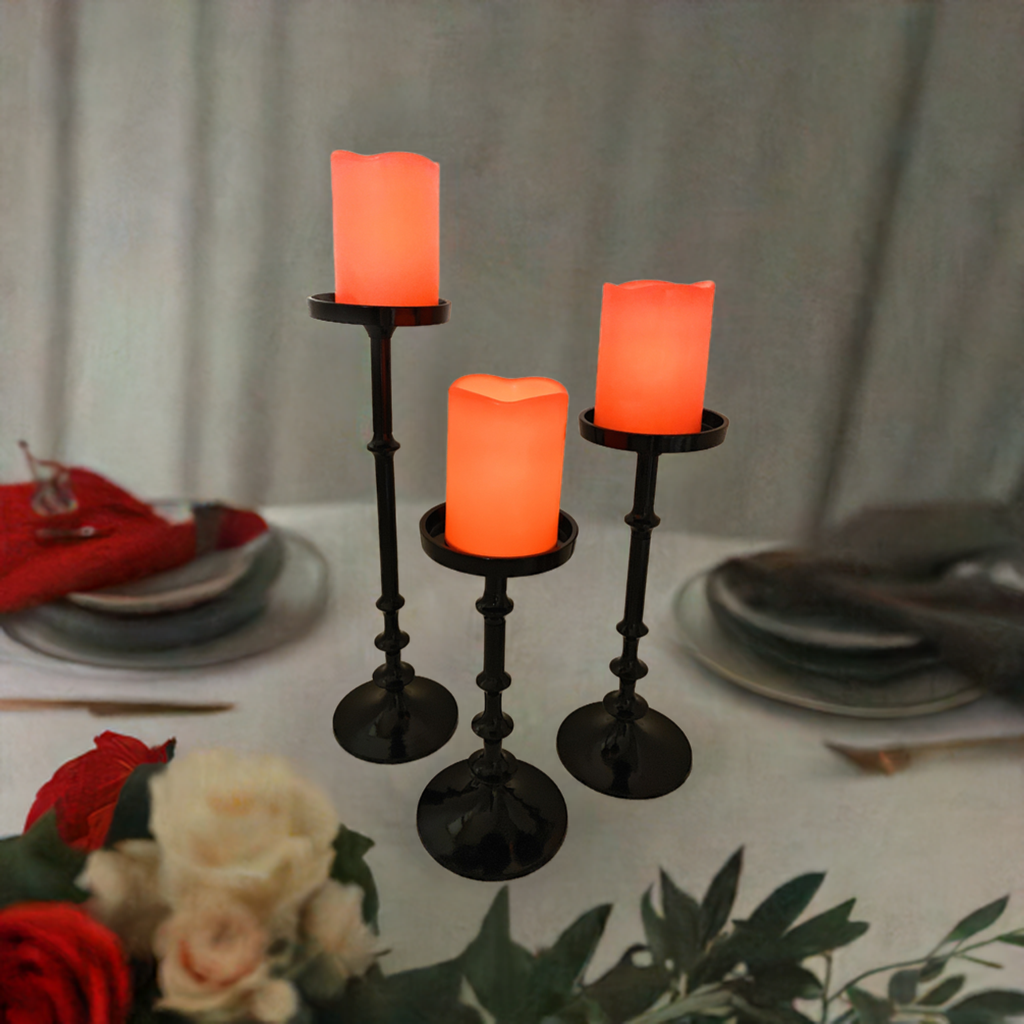 Vibhsa Pillar Candle Holders | Set of 3, Glossy Black, Graduated Heights