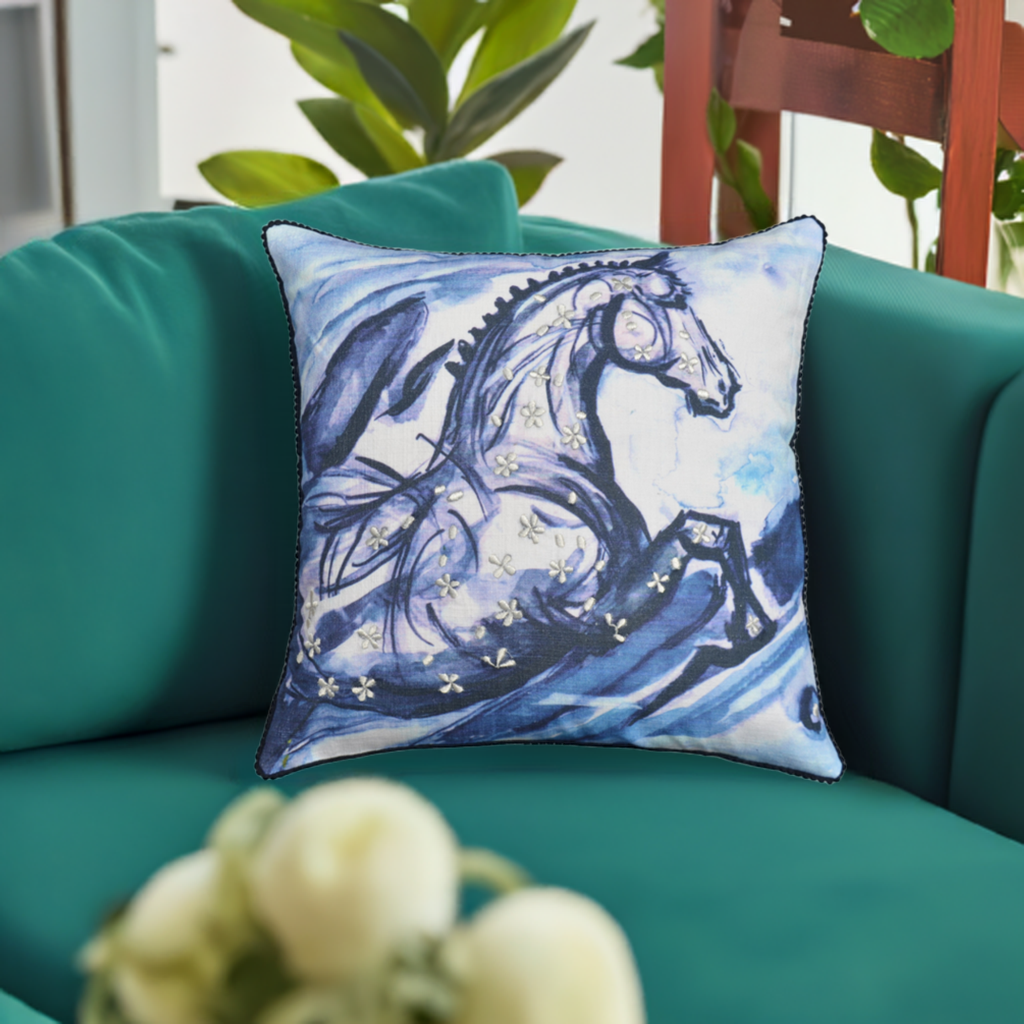Vibhsa Blue Horse Embroidered Decorative Pillow 18x18, Cotton
