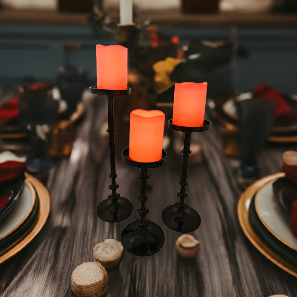 Vibhsa Pillar Candle Holders | Set of 3, Glossy Black, Graduated Heights