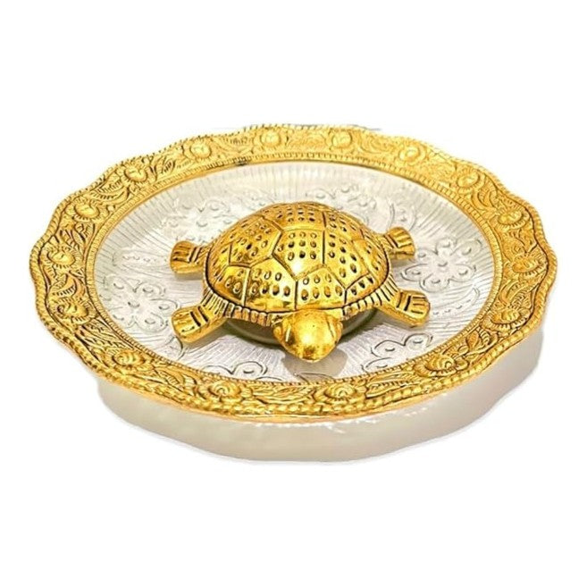 Metal Feng Shui Tortoise On Glass Plate Showpiece