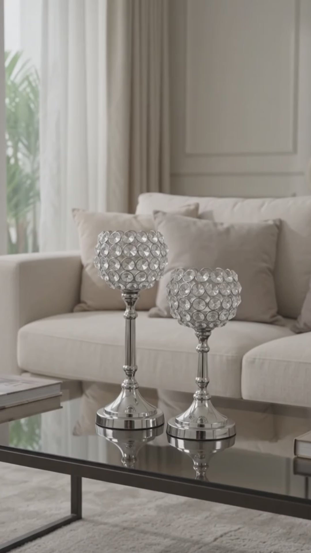 Vibhsa Round Crystal Hurricane Candle Holders | Set of 2, 8" & 10", Silver Nickel Finish