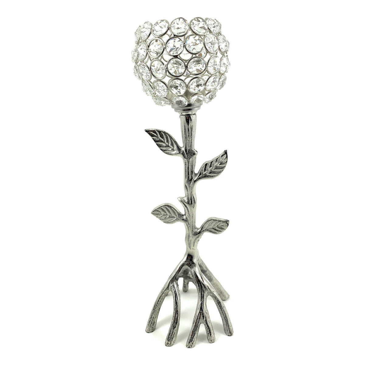 Vibhsa Silver Tree Hurricane Crystal Candle Holder | 13.2"H Handcrafted Aluminum