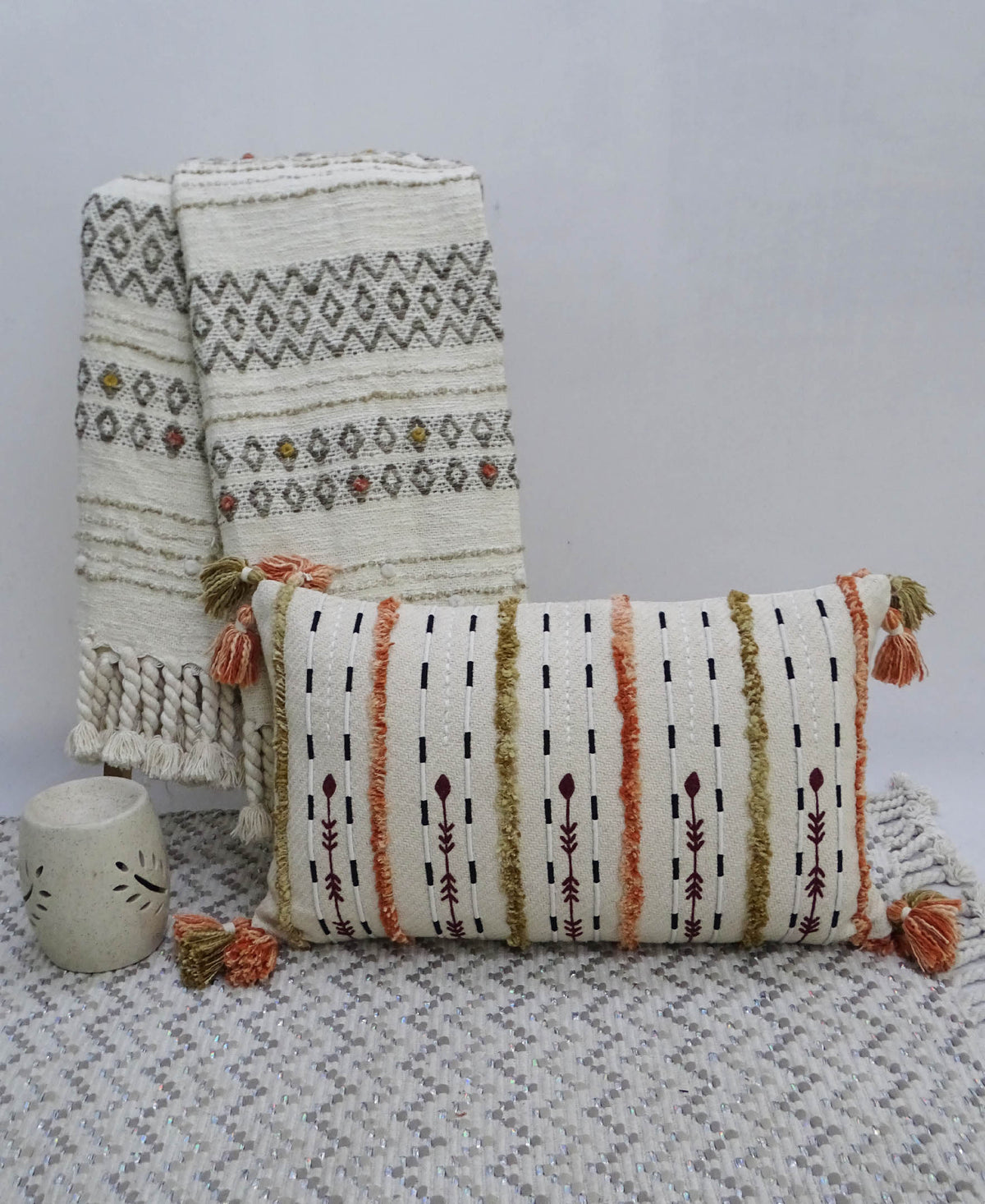 Vibhsa Multicolor Handwoven Lumbar Pillow 14x24 with Fringes and Tassels