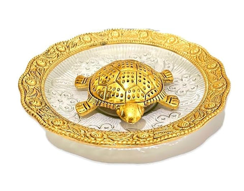 Metal Feng Shui Tortoise On Glass Plate Showpiece