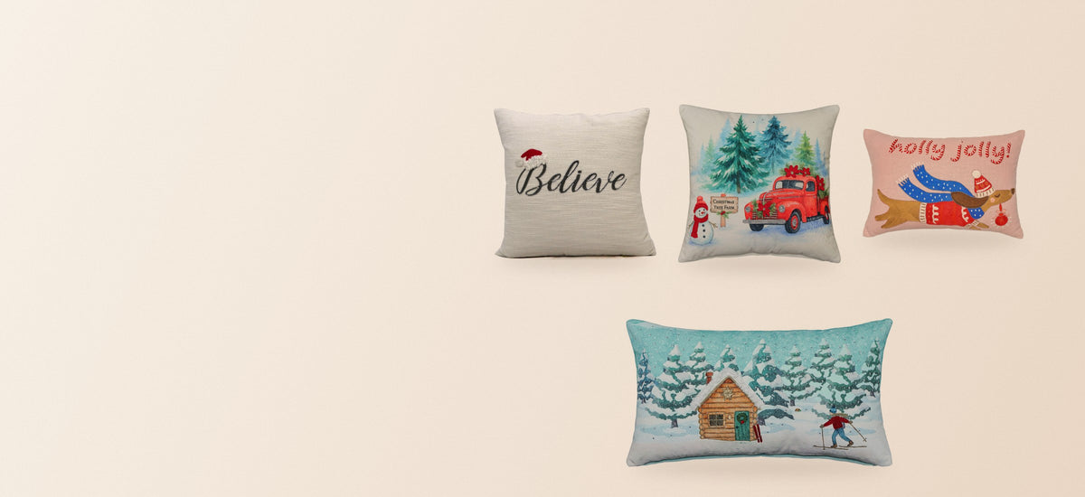 Vibhsa Christmas pillows: Believe, red truck tree farm, Holly Jolly dog and alpine skier