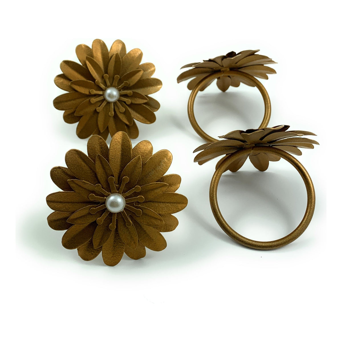 Vibhsa Gold Floral Napkin Rings | Set of 4, Pearl Accents, Handcrafted