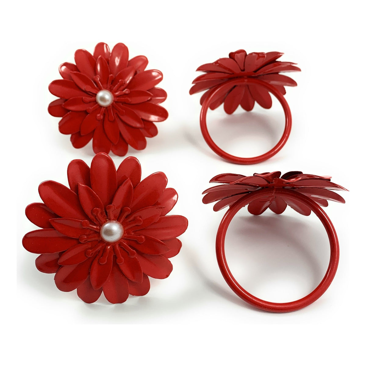 Vibhsa Red Floral Napkin Rings | Set of 4, Pearl Accents, Handcrafted