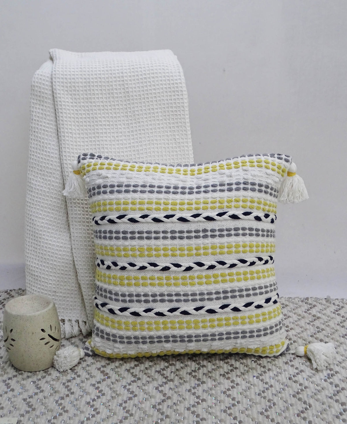 Vibhsa Ivory, Yellow & Black Braided Throw Pillow 20x20