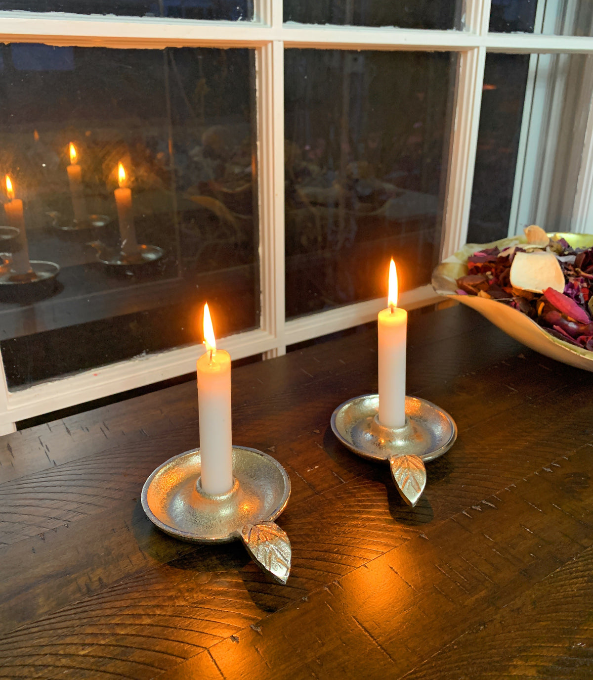 Vibhsa Taper Candlestick Holder Dish | Silver Finish, Leaf Handle, Handcrafted Aluminum