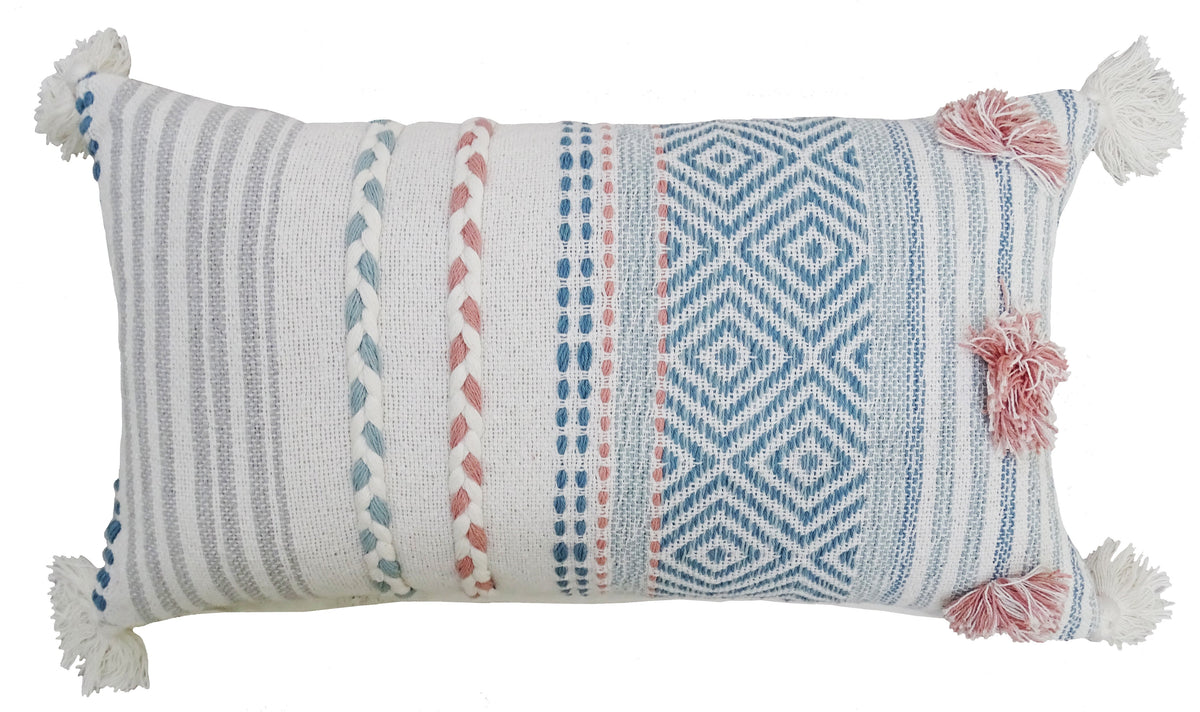 Vibhsa Geo Striped Lumbar Pillow 14x24 with Braid and Tassels, Cotton